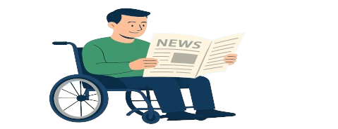 Ilustração mostrando de um Homem cadeirante de camisa verde e calça azul lendo um jornal