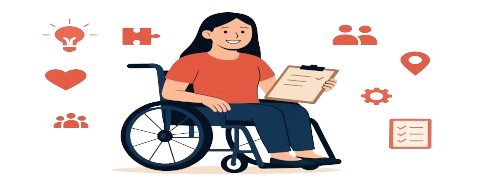 Ilustração de uma mulher cadeirante sorridente, de cabelos longos, vestindo camiseta vermelha e calça azul, segurando uma prancheta de projetos. Ao redor dela aparecem ícones vermelhos: lâmpada (ideias), peça de quebra-cabeça (colaboração), duas pessoas (comunidade), marcador de localização, engrenagem (organização), checklist em quadro (planejamento), coração (inclusão) e grupo de pessoas (união)