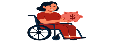 Ilustração mostrando uma Mulher cadeirante sorridente segurando cofrinho rosa com símbolo $